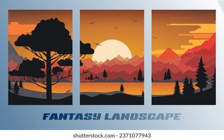 Set of landscape cartoon design posters with the sun and mountains. Vector illustration.