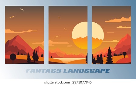 Set of landscape cartoon design posters with the sun and mountains. Vector illustration.