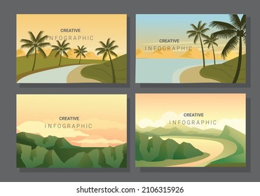 Set of landscape Catalog, mountains lake wall art poster design, Hiking adventure background. Vector illustration