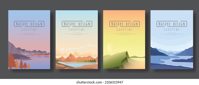 Set of landscape Catalog, mountains lake wall art poster design, Hiking adventure background. Vector illustration