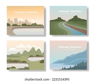 Set of landscape Catalog, mountains lake wall art poster design, Hiking adventure background. Vector illustration