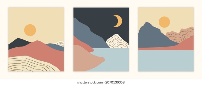 Set of landscape. Collection of minimalistic abstract images. Paintings, decoration. Graphic elements for websites. Mountain, sunset. Cartoon flat vector illustrations isolated on white background