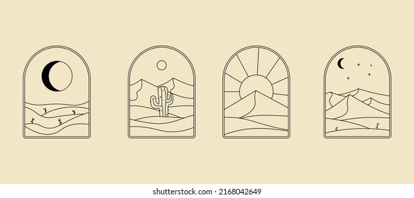 set landscape desert badge logo line art minimalist vector icon symbol graphic design illustration