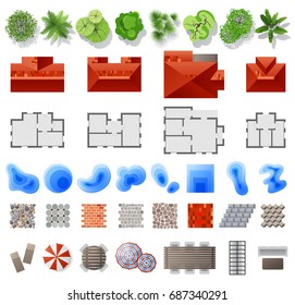 Set of landscape design elements. Top view. 39 high quality elements. Vector illustration