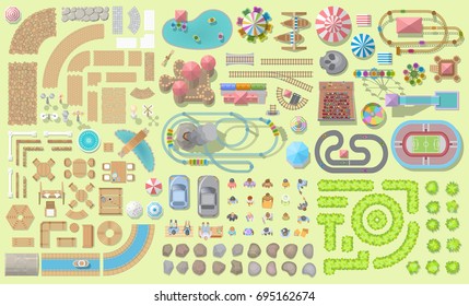 Set of landscape elements. Amusement park. Top view. Fences, paths, lights, furniture, trees, attractions, tents, construction. View from above.