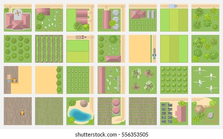 Set of landscape elements. Building blocks. Farm view from above.
Roads, houses, buildings, fields, gardens and trees. (Top view) 