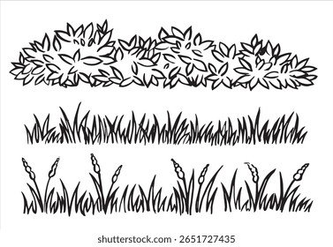 ensemble d'éléments paysagers, buissons, bordure d'herbe. illustration vectorielle en gribouillage