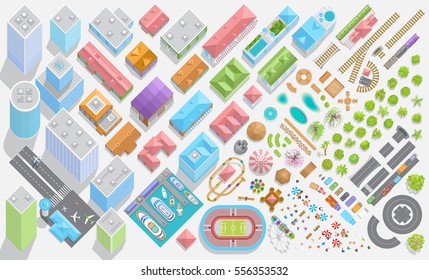Set of landscape elements. City. (Isometric view from above) Trees, houses, buildings, skyscrapers, attractions, railroad, road, port, airport, stadium. (Top view) 