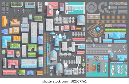 Set of landscape elements. City, manufacturing, energy, transport. Top view.
Houses, factories, power generators, road, railway, airport, port. (View from above)