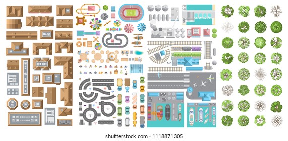 Set of landscape elements. City. (Top view) Trees, houses, buildings,  attractions, railroad, road, port, airport. (View from above)