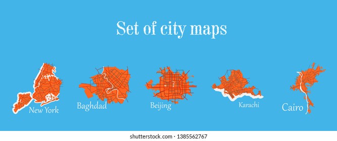 Set of landscape elements. City. (Top view) road, port, airport. (View from above)