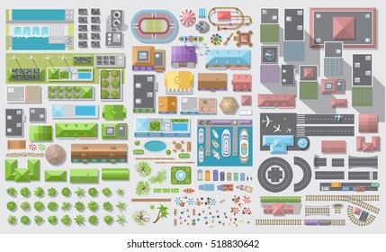 Set of landscape elements. City. (Top view) Trees, houses, buildings, skyscrapers, attractions, railroad, road, port, airport. (View from above)