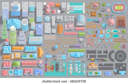 Set of landscape elements. City. (Top view) Houses, buildings, skyscrapers, factories, attractions, railroad, road, port, airport. (View from above)