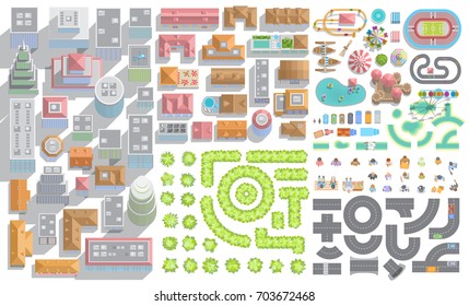 Set of landscape elements. City. (Top view) Houses, buildings, skyscrapers, attractions, road, river, trees. (View from above)