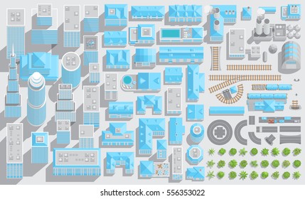 Set of landscape elements. City, transport, factories. (Top view) 
Skyscrapers, buildings, houses, roofs, plants, roads, railways. (View from above) 