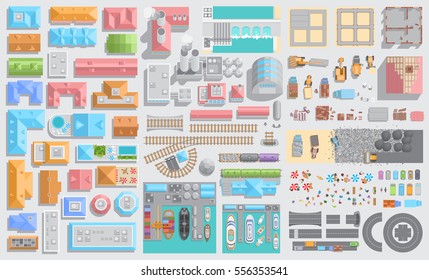 Set of landscape elements. City, transport, industry and construction. (Top view) Houses, roads, railways, ports, factories, building, construction machinery. (View from above) 