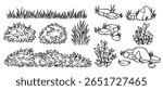 Set of landscape elements of different bushes, plants, grass and stones. Vector illustration in doodle style