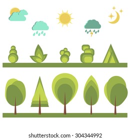 Set of landscape elements for flat design. Collection of trees, bushes, sun, moon, stars, clouds, rain drops, lightning. Vector illustration
