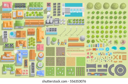 Set Of Landscape Elements. Green City And Farm. (View From Above) Trees, Houses, Buildings, Road, Solar Panels, Wind Turbines, Agricultural Fields. (Top View) 