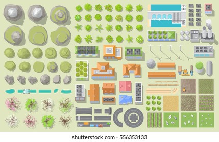 Set of landscape elements. Green city and farm. (View from above)
Mountains, hills, trees, houses, buildings, road, solar panels, wind turbines, agricultural fields. (Top view) 