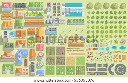 Set of landscape elements. Green city and farm. (View from above) Trees, houses, buildings, road, solar panels, wind turbines, agricultural fields. (Top view) 