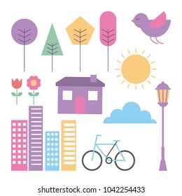 set of landscape elements house tree bike buildings cloud sun flower