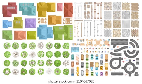 Set of landscape elements. Houses, architectural elements, plants. Top view. Road, cars, people, houses, trees, fence, tile. View from above. 