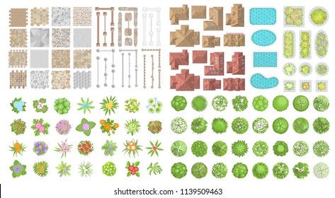 Set of landscape elements. Houses, architectural elements, plants. Top view. Pavement, fence, houses, swimming pools, trees and flowers. View from above. 