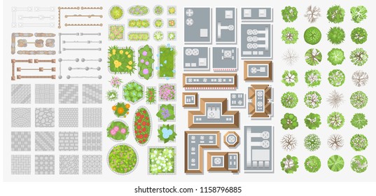 Set of landscape elements. Houses, architectural elements, plants. Top view. Trees, flower beds, roofs, pavement, fences. View from above. 