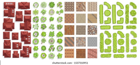 Set of landscape elements. Houses, architectural elements, plants. Top view. Trees, tile roof, pavement, green fence. View from above. 