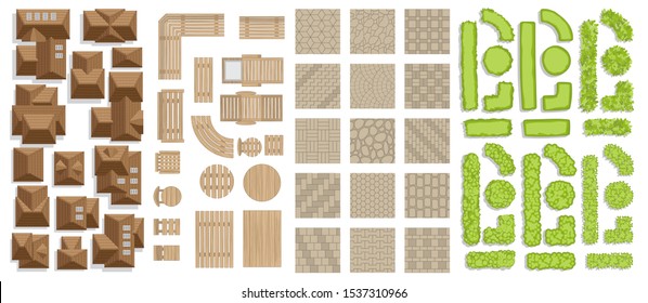 Set of landscape elements. Houses, architectural elements, plants. Top view. Outdoor furniture, tile roof, pavement, green fence. View from above. 