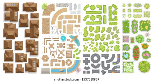 Set of landscape elements. Houses, architectural elements, plants. Top view. Trees, flower beds, roofs, pavement, fences, furniture. View from above. 