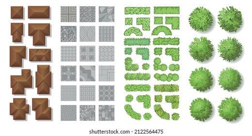 Set Of Landscape Elements. Houses, Architectural Elements, Plants. Top View. Trees, Tile Roof, Pavement, Green Fence. View From Above. 