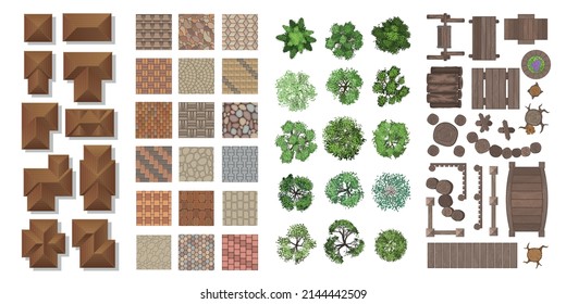 Set of landscape elements. Houses, architectural elements, furniture, plants. Top view. Paths, furniture, houses, trees. View from above.