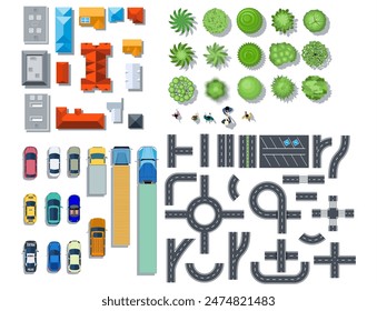 Conjunto de Elementos paisajísticos. Casas, Elementos arquitectónicos, plantas. Vista superior. Carretera, coches, personas, casas árboles Ilustración vectorial en estilo plano