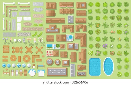 Set of landscape elements. Houses, architectural elements, furniture, plants. Top view.
Fences, paths, lights, furniture, houses, trees, pools. View from above.
