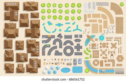 Set of landscape elements. Houses, architectural elements, roads, furniture, plants. Top view. Fences, paths, lights, furniture, houses, trees, pools. View from above. 