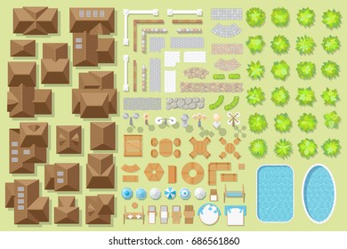 Set of landscape elements. Houses, architectural elements, furniture, plants. Top view. Fences, paths, lights, furniture, houses, trees, pools. View from above. 