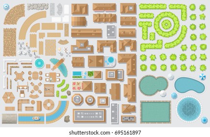 Set of landscape elements. Houses, architectural elements, furniture, plants. Top view. Fences, paths, lights, furniture, houses, trees, pools. View from above. 