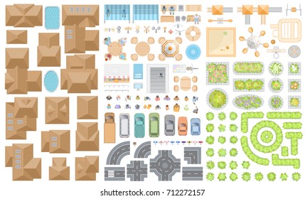 Set of landscape elements. Houses, architectural elements, furniture, plants. Top view. Road, cars, people, furniture, houses, playground, flowerbed. View from above. 