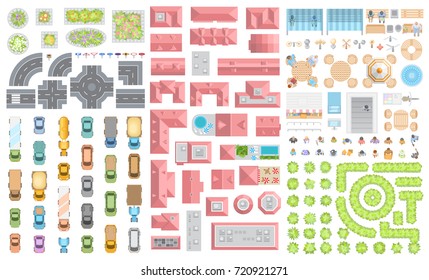 Set of landscape elements. Houses, architectural elements, furniture, plants. Top view. Road, cars, people, furniture, houses, flowerbed. View from above. 