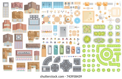 Set of landscape elements. Houses, architectural elements, furniture, plants. Top view. Road, cars, people, furniture, houses, playground, flowerbed. View from above. 