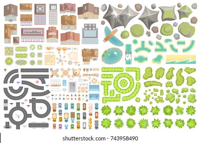 Set of landscape elements. Houses, architectural elements, furniture, plants. Top view. Road, cars, people, furniture, houses, playground, flowerbed. View from above. 