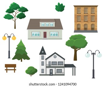 A set of landscape elements. Houses, trees, bushes, lanterns, bench. Flat design. Vector illustration.