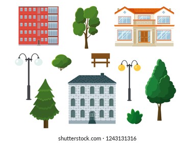 A set of landscape elements. Houses, trees, bushes, lanterns, bench. Flat design. Vector illustration.