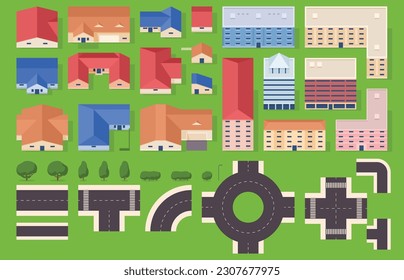 Conjunto de elementos paisajísticos con casas, árboles, carreteras al estilo de las caricaturas. Ciudad, vista superior del pueblo. Ilustración del vector