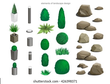 Set of landscape elements lamps, stones, flower beds, plants for the design of the garden or the park isometric