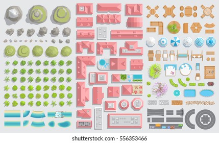 Set of landscape elements. Nature, city, outdoor furniture. (Top view) 
Hills, rocks, trees, houses, plants, tables, chairs, benches, sunbeds, umbrellas, swings, paths. (View from above) 