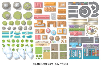 Set of landscape elements. Nature, city, village, transportation. (Top view) Mountains, hills, fields, trees, houses, buildings, railroad, road, port, airport. (View from above)