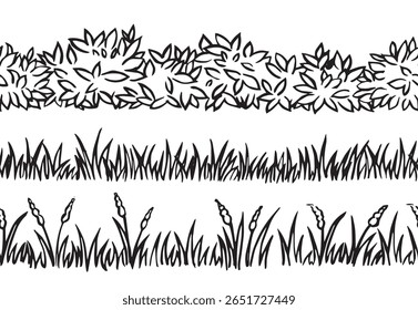ensemble d'éléments de paysage buissons harmonieux, bordure d'herbe. illustration vectorielle en gribouillage